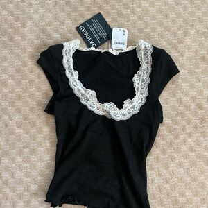 Free People Black Short Sleeve Scoop Top with Cream Lace Trim